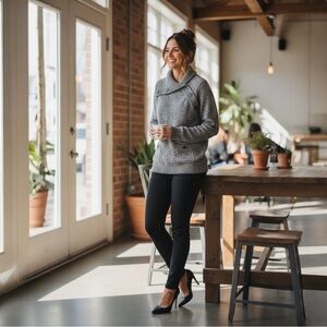 Karen Scott Women’s Marled Gray Shawl Collar Asymmetrical Buttons Pullover. Med